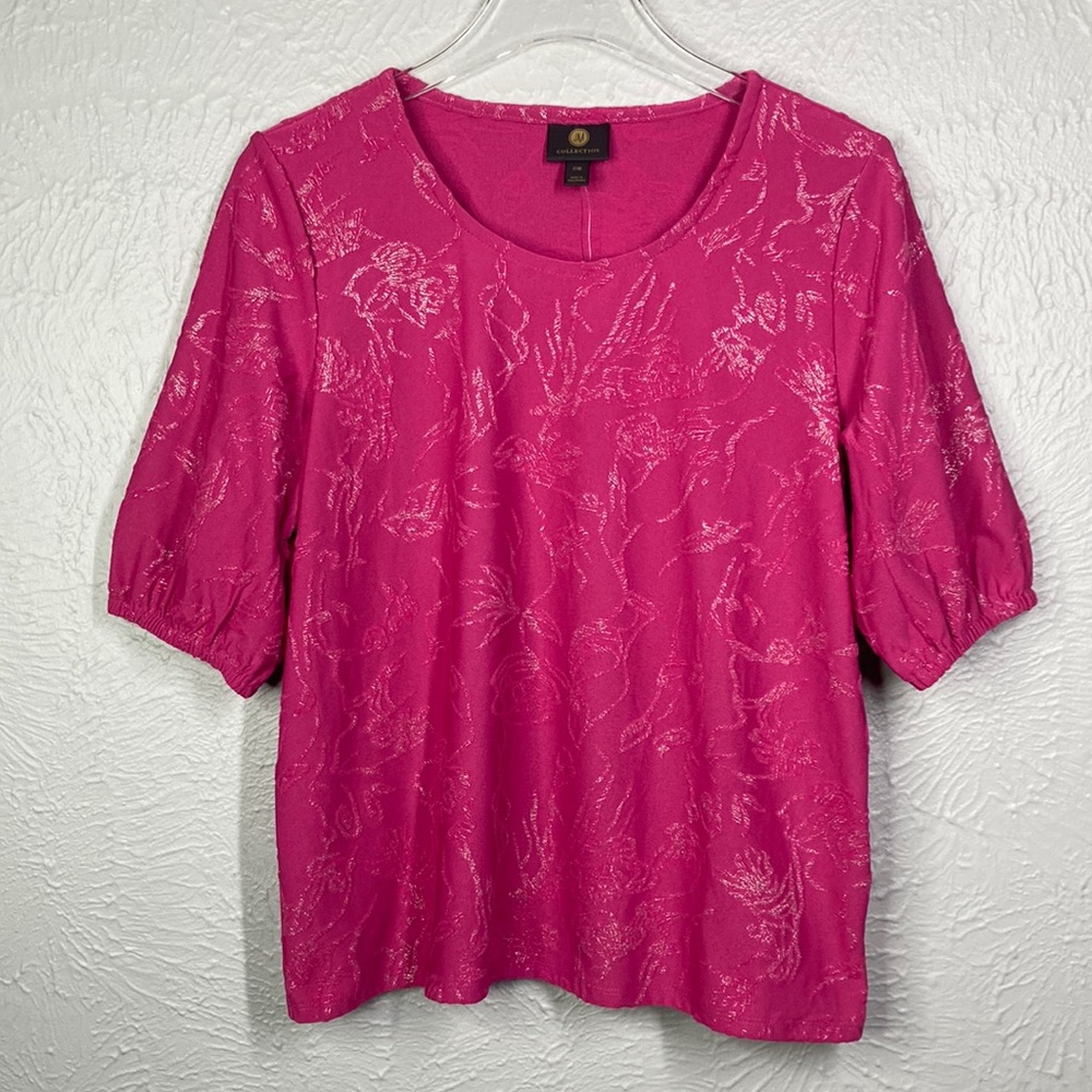 JM Collection Pink Textured Glitter Floral Elbow Sleeve Scoop Neck Top P… - Picture 3 of 9